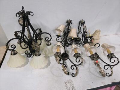 Wrought Iron 5-Light Chandelier & 2 Double-Light Wall Sconces, 2 three lights hngers, Scroll Design, Fabric Shades