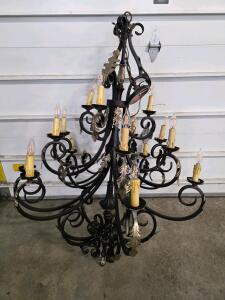 Untested Large 15-Light Wrought Iron Chandelier with Ornate Scroll and Leaf Detailing, Candle-Style Arms