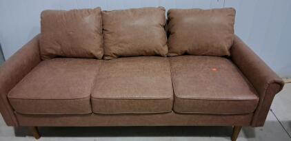 Mid-Century Modern Brown Faux Leather 3-Seater Sofa with Removable Back Cushions