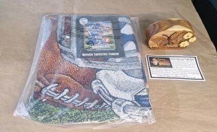(1) Boise State Broncos Home Field Woven Tapestry Throw Blanket 48" x 60" & (1) Vintage Carver Dan's Handcrafted Wooden Puzzle & Trinket / Jewelry Box