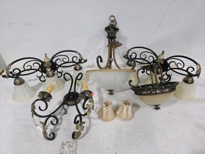Untested Matched Bronze Scroll Chandeliers Set w/ Wall Sconce & Flush Mount, Frosted Glass, E26, 3-Light