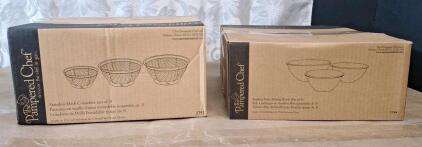 (1) Pampered Chef 3-Piece Stainless Mesh Collander Set, Model #2797 & (1) Pampered Chef 3-Piece Bamboo Fiber Mixing Bowl Set, Item #2715