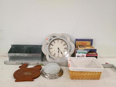 Pittsburgh 50" Clamp & Cut Edge Guide, Model 66581, Aluminum Construction, Collapsible Chicken Basket, Mirror Clock in a Flower Shape, and Various Cook Books