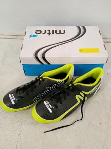 Mitre Mirage Men's Soccer Cleats, Black/Yellow, Size 10 US, Bladed Studs, Textured Upper, New in Box and Danskin Now Women's 7.5 Slip-On Walking Shoes Memory Foam Black Pink Mesh Non-Marking Sole