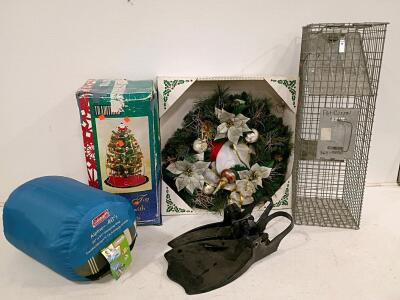 Mixed Lot &ndash; Holiday D&eacute;cor & Outdoor Gear: Coleman Sleeping Bag, Pet Corral Trap, Traditions Tree