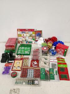 Huge Christmas Decoration Lot - Ornaments, Santa & Snowman Figurines, Lights, Bows, Gift Boxes