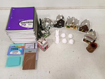 Bulk Lot: 28 Top Flight Spiral Notebooks, 7 Village Mini Houses, 6 Ceramic Figurines, Journals & Supplies