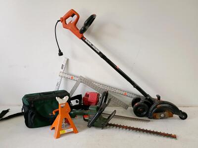 Multi-Tool Lot: BLACK+DECKER LE750 Edger, Craftsman 22" Hedge Trimmer, Jack Stands, Lowepro Bag
