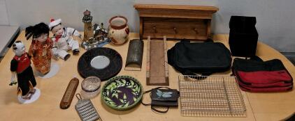 Mixed Assorted Household & Collectible Lot &ndash; Porcelain Dolls, Decorative Plates, Wooden Shelf, Metal Grater