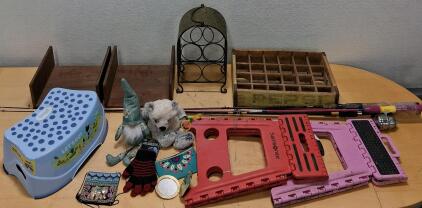 Variety Household Lot: Samsonite Step Stools, Bluey Kids Stool, Vintage Pepsi Crate, Wine Rack & More