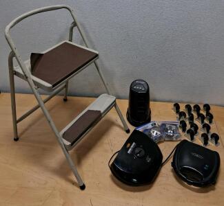 Mixed Lot: Panini Grill, George Foreman Grill, Hinges, Tower Fan, Casters, Ladder