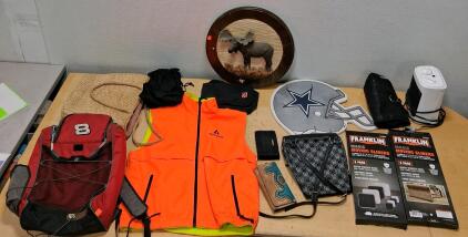 Mixed Lot: Backpack, Safety Vest, Handbags, Dallas Cowboys Sign, Heater, New Franklin Sliders