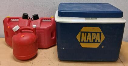 Blitz Gas Cans 5 Gal & 2 Gal, NAPA 48 Qt Cooler, Portable Fuel Containers, Ice Chest Combo