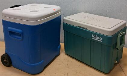 Wheeled 60 Qt Blue Cooler & Igloo 54 Qt Green Cooler, Cup Holders, Handles, Drain Plug