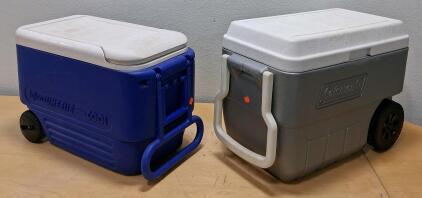 Igloo Wheeley Cool 38-Quart Blue & Coleman Xtreme 50-Quart Gray Wheeled Coolers, Drain Plugs