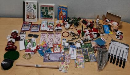 Mixed Household, Holiday, Craft, and Kitchen Item Lot with Books and Plush Toys