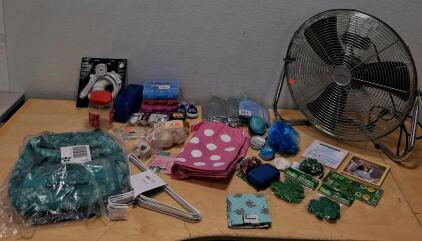 Large Lot with Mainstays 20" Floor Fan, Utility Sprayer, Hangers, Totes & Home Goods