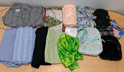 Assorted Lot: 5 Bags & Backpacks, 7 Fabric Pieces, 1 Book Cover