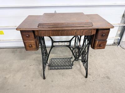 Antique Singer Treadle Sewing Machine with 4-Drawer Oak Cabinet, Ornate Cast Iron Stand