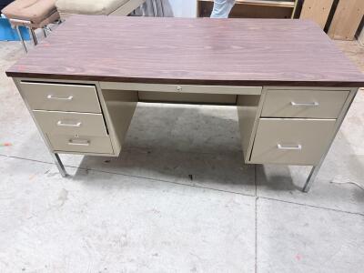 Vintage Metal Office Desk with Wood Grain Laminate Top, 5 Drawers, 60" x 30" x 29"