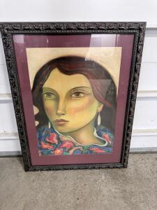 Framed Stylized Woman Portrait Print, Ornate Wood Frame, Burgundy Mat, 30"x24"