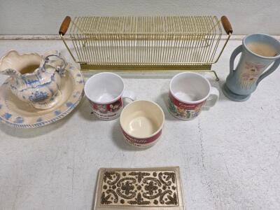 Vintage Campbell's Kids Mugs, Hand-Painted Floral Pitcher & Plate, Brass Letter Holder, Trinket Box (Lot of 7)