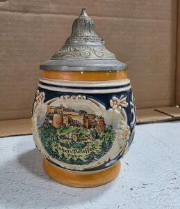 German Beer Stein with Pewter Lid, Hohen-Neuffen Castle Relief, 0.5L Capacity
