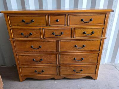 Large 12-Drawer Oak-Style Dresser, 52" Wide x 43" Tall, Black Pull Handles, Traditional Wood Finish
