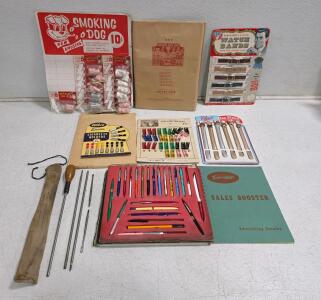 Vintage General Store Lot: Watch & Pen Displays, Razor Blades, Winchester Rod, Catalogs, Toys