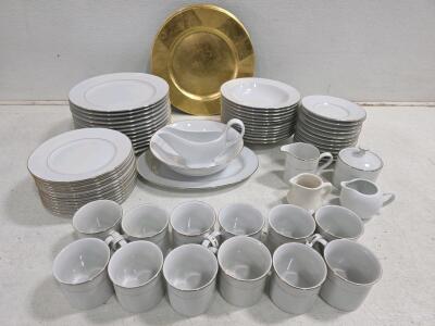 Elegant 67-Piece White Porcelain Dinnerware Set, Gold Trim, 12 Place Settings, Serving Pieces