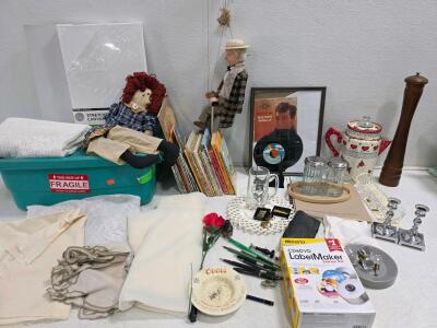 Large Vintage Mixed Collectibles Lot: Canvas, Buddy Holly Record, Pens, Books, Home Decor