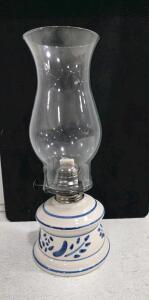 vintage Tabletop Oil Lamp, Blue Floral Design, Glass Chimney, Adjustable Wick, 13" Tall