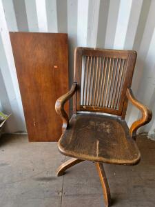 Antique Oak Swivel Office Chair, Slat-Back, 1920s-40s, Armrests, 34"H x 22"W x 23"D