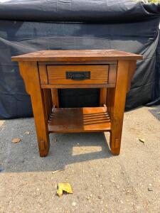 Mission Style Solid Oak End Table with Drawer and Lower Shelf (26"x23.5"x24")