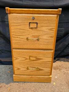Two-Drawer Oak Wood Vertical File Cabinet, Locking Top Drawer, Brass Handles, 29x16x18 Inch