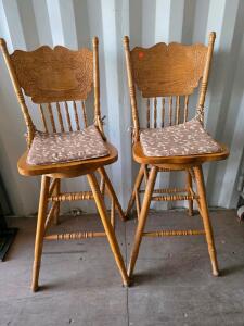 Pair of Traditional Wooden Bar Stools with Carved Backs and Padded Seats