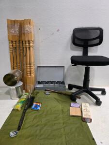 Large Lot: 2 10# Metal Cans, Wood Table Legs, Cash Drawers, Office Chair, Waxing items & Sanding