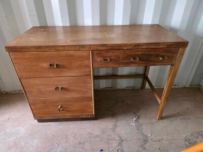 Vintage Wooden Desk with 4 Drawers, Brass Pulls, and Open Knee Space