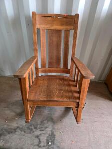 Mission Style Solid Oak Rocking Chair with Decorative Cutout and Vertical Slats