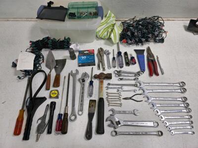 Assorted Hand Tools Lot &ndash; TATOOLS, CRAFTSMAN, DEWALT, Wrenches, Screwdrivers, Storage Totes, Holiday Decor
