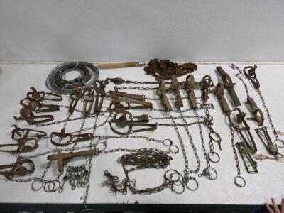 Vintage Animal Trap Lot - 22 Traps Mixed Sizes, Chains, Snares, Steel, 1930s&ndash;1970s, Restoration
