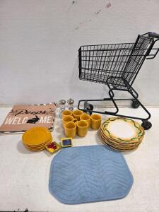 Miniature Metal Shopping Cart, Dinner plates, cups, and Pillow Covers