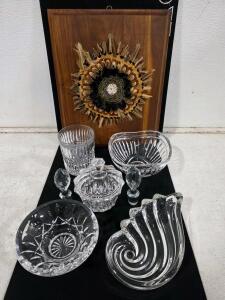 Vintage Lead Crystal Glassware Collection with Feather Art Wall Hanging