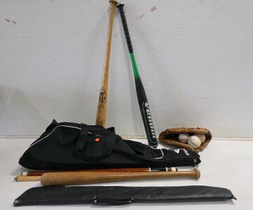Louisville Slugger P72 George Brett Bat, Venom Bat, Glove, Cue, Easton Bag, Baseball Lot