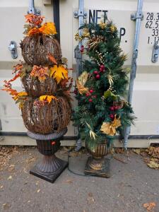Christmas Lighted Urn Topiary & Fall Grapevine Pumpkin Topiary &ndash; 4ft, Seasonal Decor Pair