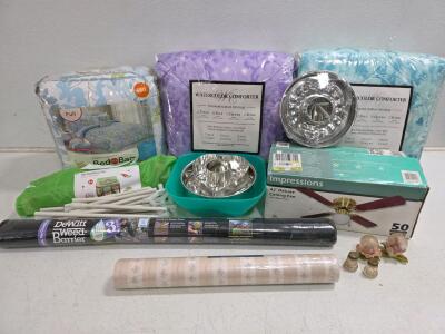 Large Lot: Bedding Sets, Full Bed in a Bag, Play Tent, Ceiling Fan, Weed Barrier, Wallpaper, Baking Pans