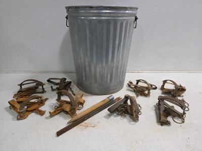Lot of 8 Vintage Long Spring Foothold Animal Traps with Chains, Rebar Stakes, and 20-Gallon Can