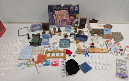 Dura-Craft Ashley Dollhouse Kit (AH 130, 1:12 Scale) + 20+ Miniature Furniture & Easter Craft Lot
