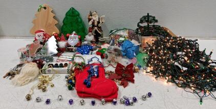 Large Assorted Christmas Decoration Lot: Lights, Ornaments, Stockings, Santas