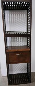 Tall Dark Brown Wooden Shelving Unit with Drawer and Slatted Design